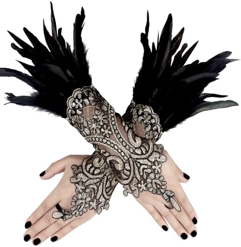 UQJE 2 Pcs Womens Black Feather Gloves Gothic Lace Long Gloves Cuff Witch Angel Costume Accessories for Wedding Halloween Party