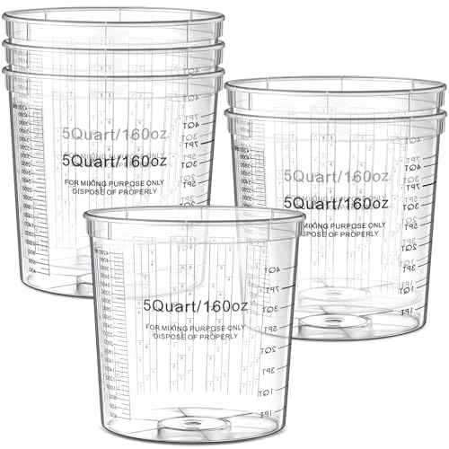 Maxdot 6 Pcs 5 Quart/160 Ounce Paint Mixing Cups Plastic Measuring Cups for Liquids Automotive Painting, Epoxy Resin, Acrylic Arts, Disposable or Reusable, Crafts, Graduated, Mixing Ratios