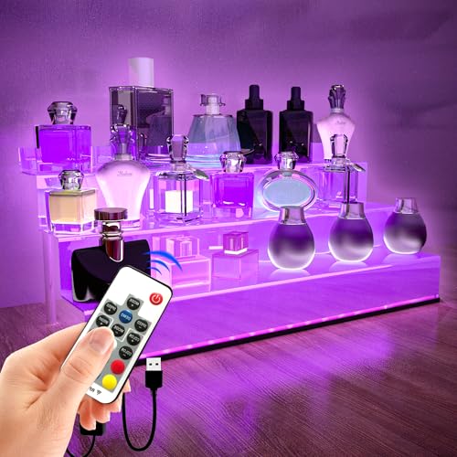 YMVV 15.7 IN Clear Acrylic Display Riser Shelf with LED light,3 Tier Display Step Shelves Holder, Perfume Cologne Organizer Holder,Pops Toys Figures, Clear Cupcake Riser, Dessert Shelf, Decoration on