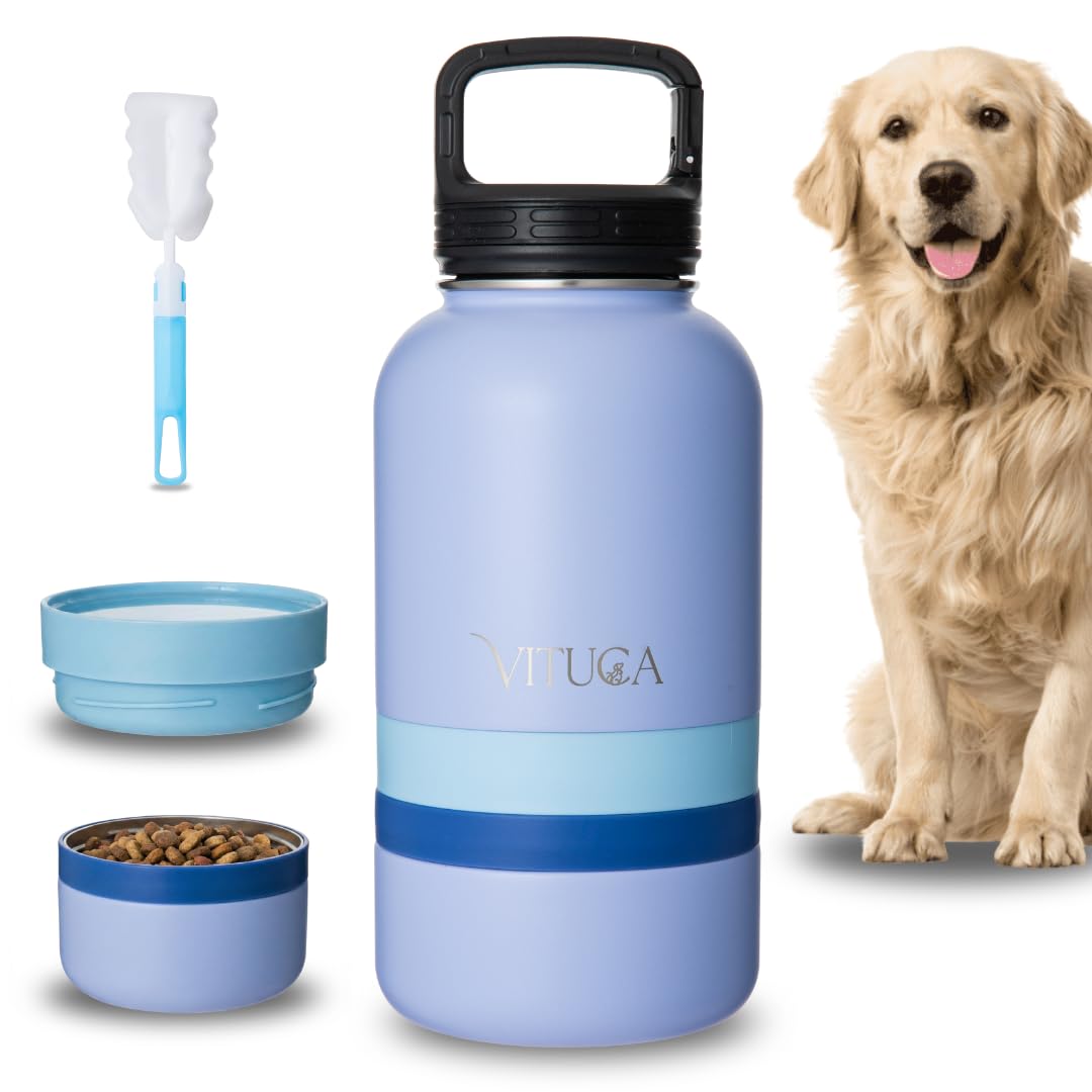 Bebedero Perro Portátil 1L de Acero Inoxidable Aislado | Botella Agua Perro Ultra Resistente con Compartimentos para Comida o Premios | Sistema 2 en 1 para Paseo y Viaje