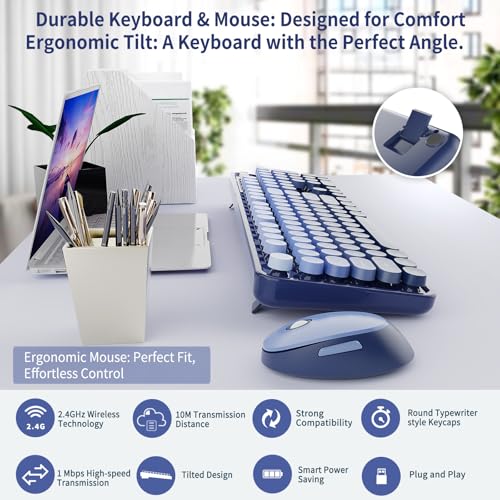 Nowlike Wireless Keyboard and Mouse Combo, Retro Typewriter Keyboard with Round Keycaps, Full-Size Ergonomic, Blue, Ideal for Windows PC, Home, Office, and College, Wireless Keyboard Mouse Combo - Image 6