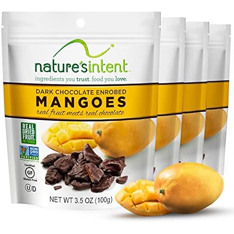 Nature’s Intent Dark Chocolate Covered Dried Fruit - Mangoes 3.5 oz. (4 pack) Gluten Free, Whole Food Snacks Cover
