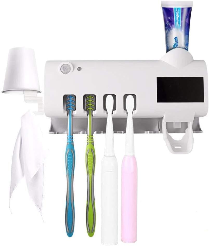 YCoo UV Toothbrush Sterilizer Holder Wireless Electric Toothbrush Sanitizer with Automatic Toothpaste Dispenser Bathroom Accessories Set (Wall-Mounted, Solar Charging, Body Induction) (White)