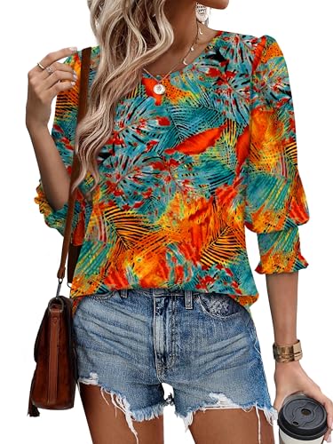 Image of XIEERDUO Blouses for Women Dressy Casual 3 /4 Length Sleeve Womens Tops with Smocked Cuffs