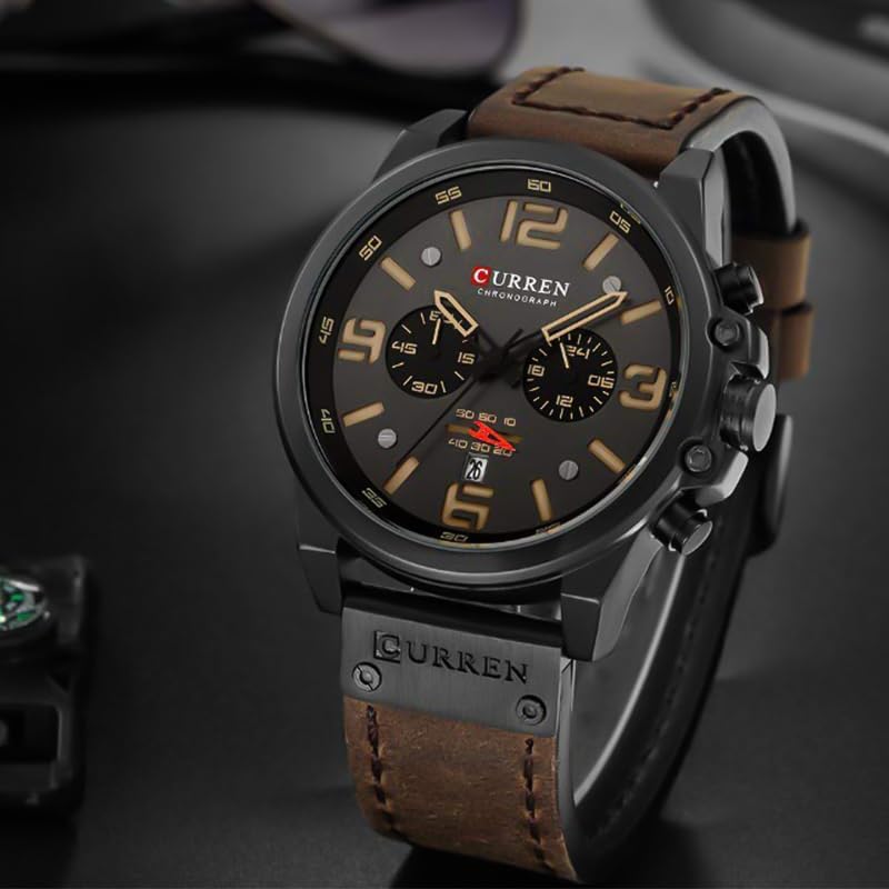 FANMIS Mens Sport Military Analog Quartz Watch Classic Chronograph Sandwich Dial Business Dress Waterproof Watch Multifunctional Wristwatch with Leather Strap - Image 6