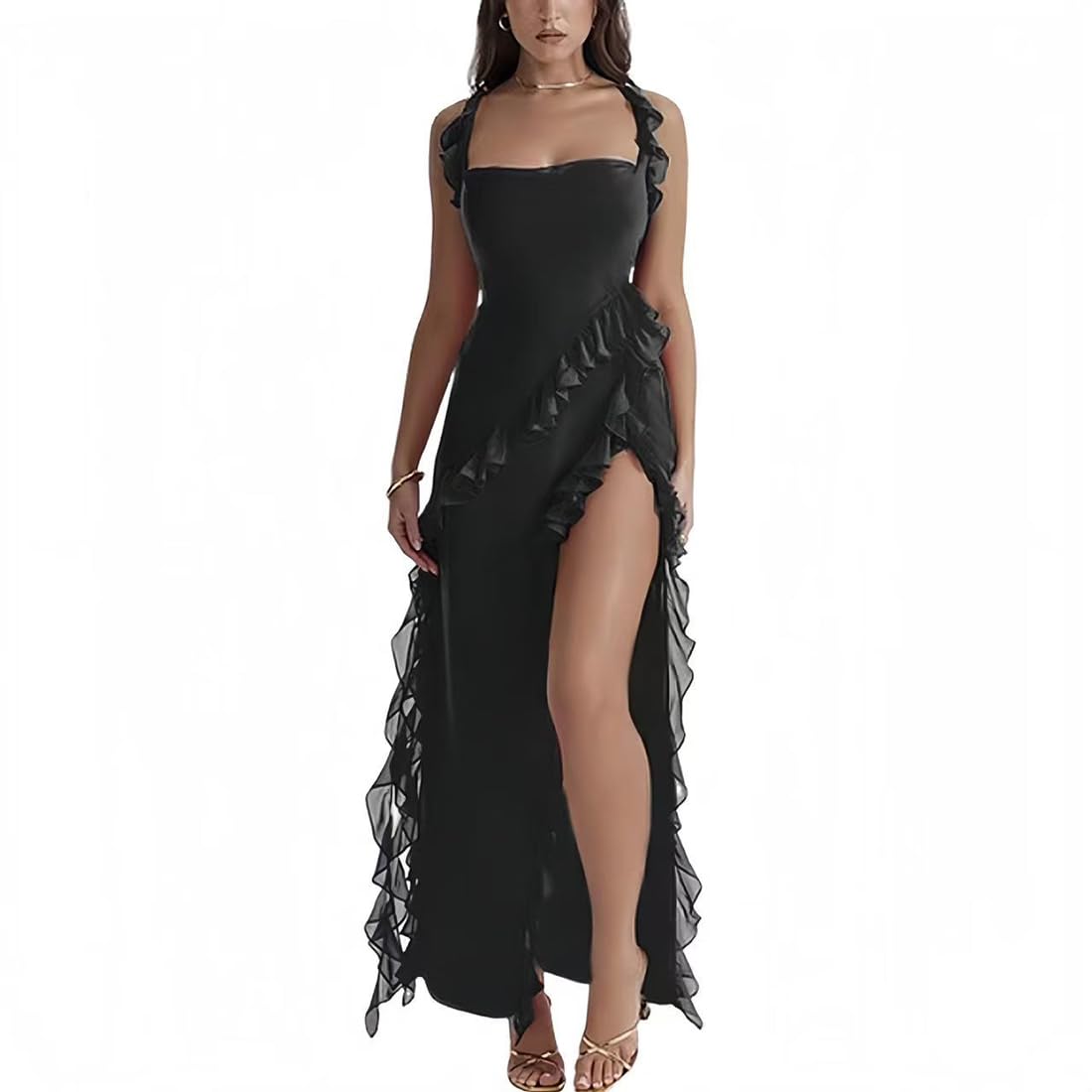 AOWVUTS Womens Maxi Dress Sexy Sleeveless Long Dresses Sqaure Neck High Slit Prom Dress Elegant Backless Ruffle Hem Bodycon Evening Dresses for Party Cocktail Club Wedding Formal Black