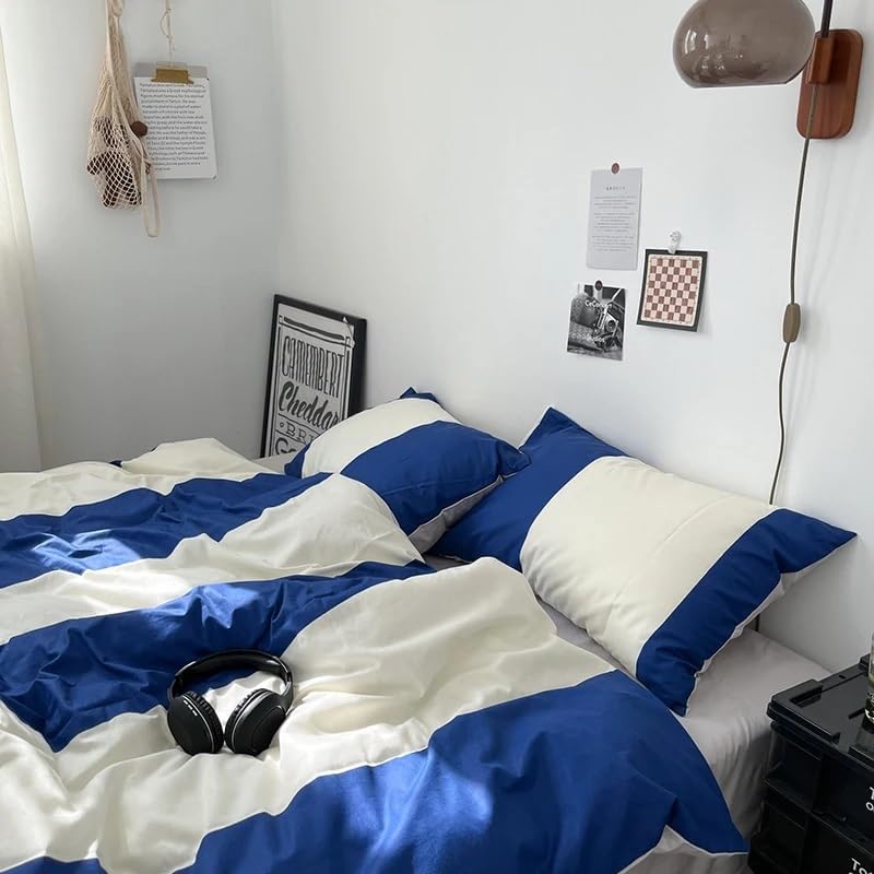 QuKan Bed, 100% Cotton Bedding Sets Blue White Plaid Duvet Cover Flat Sheet Pillowcase Twin Queen Size Bedlinen, MM-102