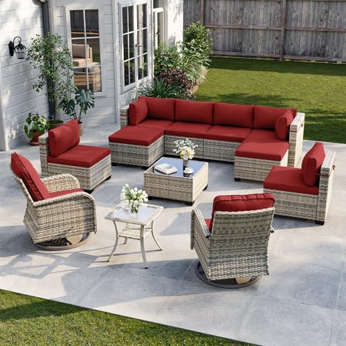 Image of 12-Piece Patio Furniture Set, Outdoor Patio Furniture with Swivel Chairs Set, Ottomans, Modular Patio Sofa, Dual-Strand Wicker Rattan, Rust-Resistant Frame, Red