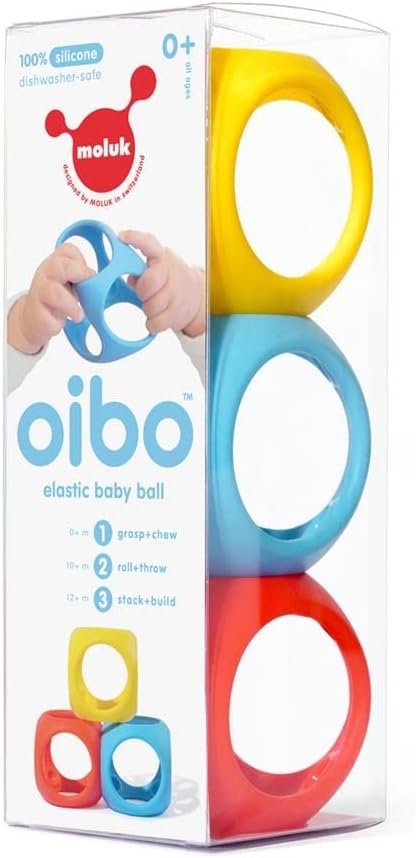 MOLUK 43420 Oibo Gripping and Teething, Play Ball, Stacking Game, Baby Toy from 0+ Months, 3 Pieces, Primary Colours, Yellow, Red, Blue