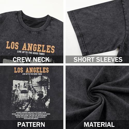 Image of Oversized Boys Graphic Tees Acid Wash Los Angeles Tshirt Youth Cotton T Shirt Crewneck Tee Kids Short Sleeve Tops