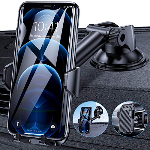 Procoda Phone Car Holder, Universal Car Phone Holder Mount with Suction Pad and Air Vent Clip for Dash, Windshield and Air Vent Compatible with iPhone (Black) (Black)