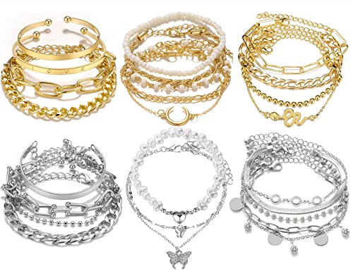 Image of 17IF 18-25 PCS(6 Pack) Boho Gold Silver Stackable Bracelets Set for Women | Chunky Dainty Bangles Adjustable Chain Flat Cuff Cuban Punk Charm Bundle Jewelry