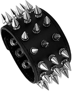 MILAKOO Unisex Black Metal Spike Studded Punk Rock Biker Wide Strap Leather Bracelet Chain Wristband Adjustable