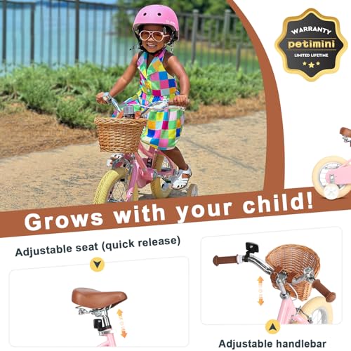 Image of Petimini Vintage Kids Bike for Girls, 12-20 Inch Classic Bicycle with Wicker Basket & Bell, High Tensile Steel Frame, Training Wheels (12-18 inch), 85% Pre-Assembled, Retro Bike for Outdoor Riding