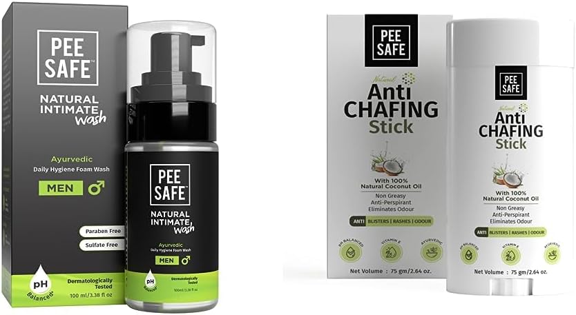 PEESAFE Natural Intimate Wash for Men with Ayurveda Extracts - 100 ml & PEESAFE Anti Chafing Stick | For Blisters, Rashes & Odour | With 100% Natural Coconut Oil | Paraben and Silicon Free (75gm)