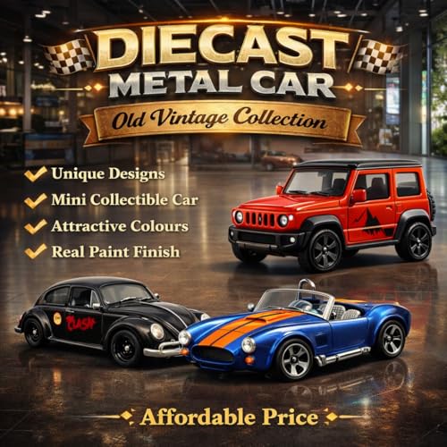 Image of 4 PCS Diecast Car Set 1:64 Scale - Dodge Challenger (Opening Doors) + Shelby Cobra + Jimny SUV + Classic Beetle | Metal Toy Cars | Mini Collectible Cars for Kids Boys & Collectors
