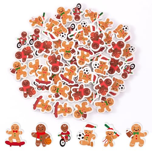 Haooryx Christmas Sport Gingerbread Men Eraser - 60Pcs Novelty Mini Gingerbread Men Pencil Eraser Bulk 3D Desk Puzzle Rubber for Classroom Student Reward Xmas New Year Party Favor Gift Filler Supplies