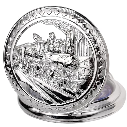 Image of SIBOSUN Antique Men Pocket Watch with Chain Oversized 50MM 1.96 Inch 3D Locomotive Steam Train Railroad Hollow + Box