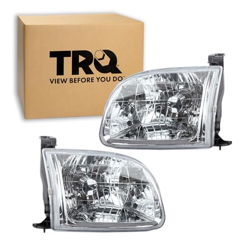 Image of TRQ 2 Piece Headlight Assembly Set Chrome Bezel Driver & Passenger Side Compatible with Toyota Tundra 2000-2004 TO2502129 TO2503129 811100C010 811500C010