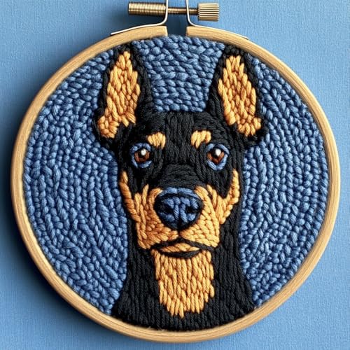 DIY Punch Needle Kits for Beginners Doberman Pinscher Dog with Hoop Punch Needle Starter Craft Embroidery Set Easy for Adults and Children Festival Gift and Decoration 20x20cm-2