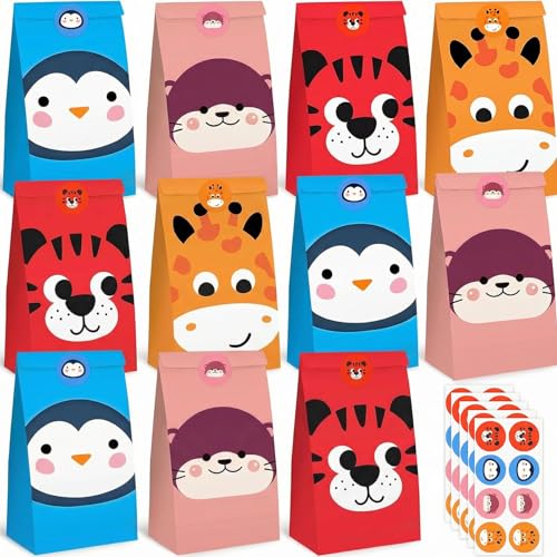 VGOODALL 36 Pack Animal Party Favor Bags with Stickers, 4.7'x 3.1'x 8.7' Paper Treat Bags for Kids Birthdays Classroom Rewards Goodie Gift Supplies