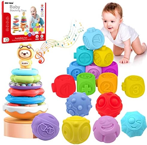 Baby Stacking Toys 18+ Months Montessori Sensory Development Teething Toys Set for Babies Early Educational Colorful Stacking Building Blocks for Toddlers Infant Gifts for Boys and Girls Learning Toy