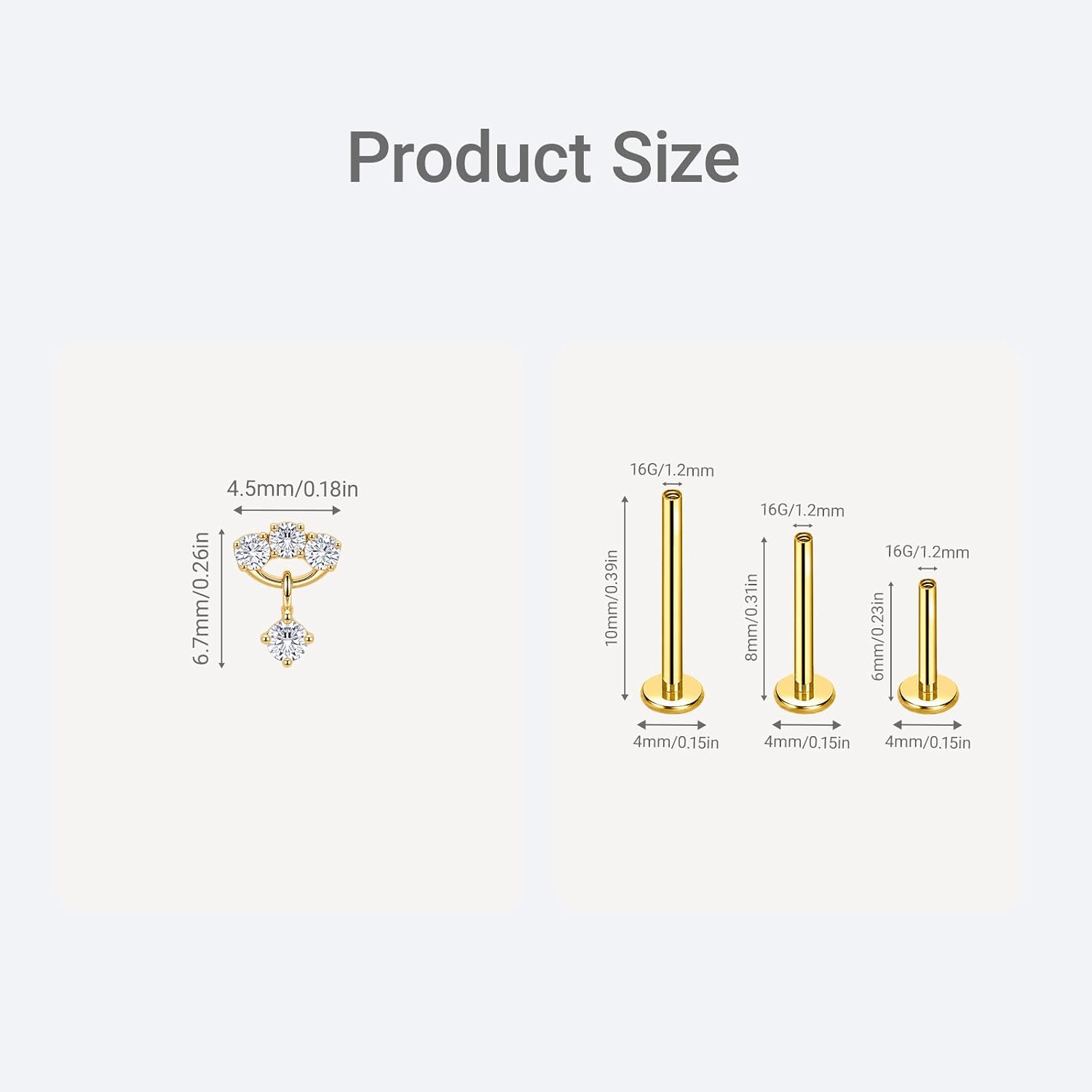 G23 Titanium Triple CZ Dangle Flat Back Cartilage Stud 16G | Hypoallergenic G23 titanium, threaded flat back, 16G with 6mm 8mm 10mm posts