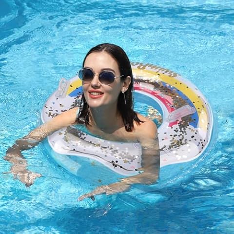 Swimbobo Inflatable Pool Floats for Kids,Rainbow Sequin Swim Tube Pool Rings for Swimming Pool Party Decorations (Rainbow, L) Cover
