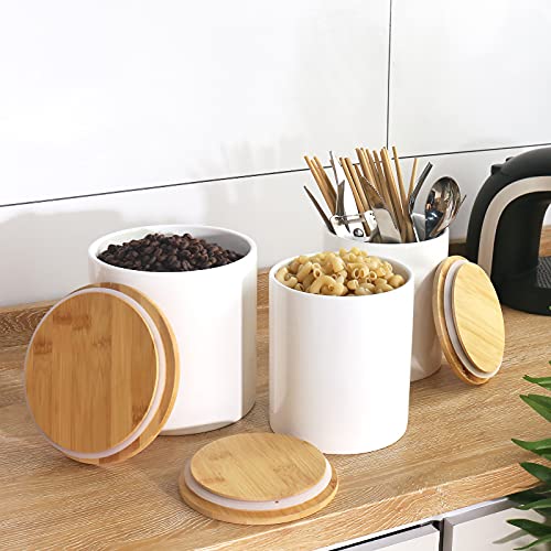 77L Food Storage Canister - Ceramic Food Storage Canister With Airtight Wooden Lid, 82.09 Fl Oz (2430 Ml) White Food Storage Jar For Home And Kitchen Serving For Coffee, Sugar, Tea, Flour And More #TOP1
