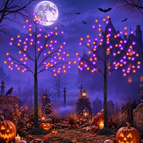 Black Halloween Tree with Purple and Orange Lights, 2Pack 6FT 300LED | Bright Light Up Spooky Tree, Timer, DIY Branches, Waterproof Halloween Outdoor Decorations for Home Indoor Party Garden Decor - image 1
