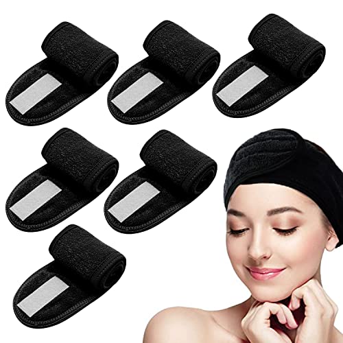 TSHAOUN 6 diademas de spa para maquillaje, para hacer deporte, yoga, ducha, toalla elástica ajustable con cinta mágica (color negro)
