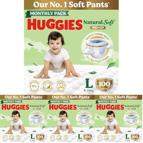 Image of Huggies Natural Soft Premium Baby Diaper Pants, Our No.1 Soft Pants, Large (L) Size (9-14 Kgs), Monthly Pack of 400 diapers | Cloud Softness All over with India's 1st Cloud Touch BeltTM (50 Count, Pack of 2)