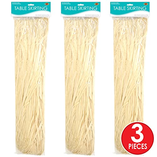 Beistle 3 Piece Natural Raffia Table Skirts For Hawaiian Luau Decorations, Tropical Beach Party Tableware, 30" X 9' #TOP1