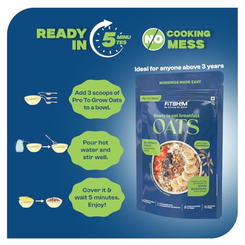 Image of ProToGrow Ready to Eat Oats with Bhim Banana & Real Cranberries | 1kg Family Pack Resealable Pouch | High Dietary Fibre & Protein Rich | No Refined Sugar | Gluten Free | Healthy Breakfast for All Ages