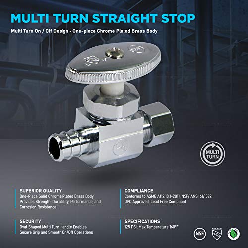 Image of Midline Valve 72512QS-OM-5 Water Supply Stop Valve with Multi-Turn Wheel; Straight Shut-off for Toilet, Sink, Dishwasher, Heater; 1 /2'' PEX B x 3 /8'' Compression; Chrome Plated Brass (5 PK)