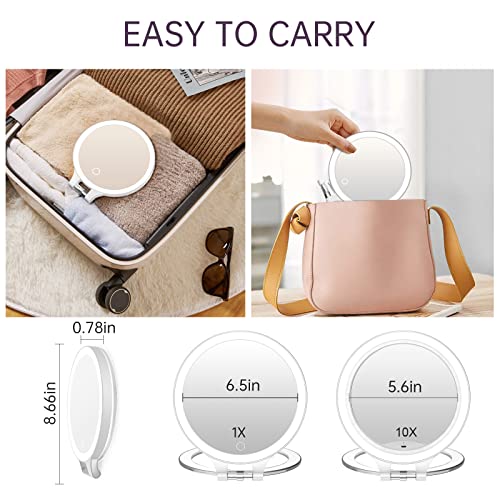 Rechargeable Magnifying Makeup Mirror 10X/1X Double Sided Lighted Travel Makeup Mirror With 3 Color Light Adjustable Rotation, Led Vanity Tabletop Portable Desk Cosmetic Foldable Mirror No Bag #TOP2