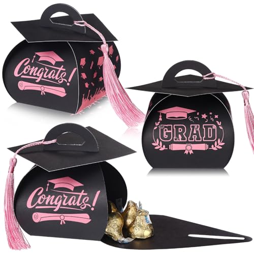 TaoBary 30 Pcs Graduation Cap Gift Boxes Graduation Decorations Class of 2026 Candy Box with Tassel for 2026 Grad Party Favors Supplies(Black, Pink) by TaoBary - Used condition - US$9.57