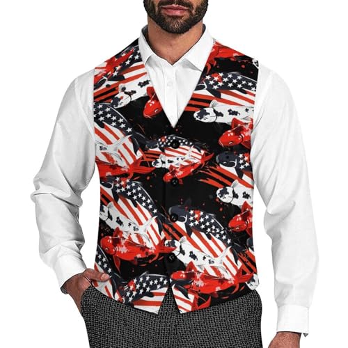 Japanese Fish USA Flag Men's Suit Vest Waistcoat Vests Formal Dress with 2 Pockets for Business Casual Tuxedo