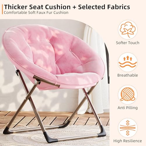 Saucer Chair, Comfy Chair Faux Fur Lounge Moon Chair with Folding Metal Frame, Oversized Plush Foldable Flower Accent Seat for Adults, Teens, Bedroom, Dorm or Living Room(2PCS, Pink)