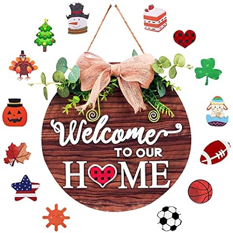 Witcrskm Welcome Sign for Front Door Decor, Interchangeable Seasonal Round Wood Wreaths front porch decor for Farmhouse Spring Summer Valentine Easter All Holiday. Cover