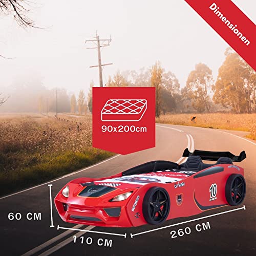 Coemo Autobett Dream Racer Sport Rot Kinderbett im Rennauto-Design mit Lattenrost 90x200 Kunstleder Sportsitze, Spoiler mit Aufklebern, LED Beleuchtung Spielbett für Jungen und Mädchen