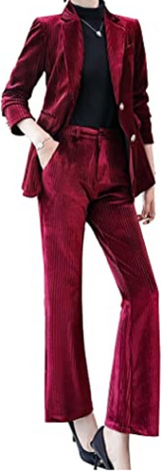 Women's Business Blazer Pant Outfit 2 Piece Casual Solid Slim Fit Office Lady Suit for for Work