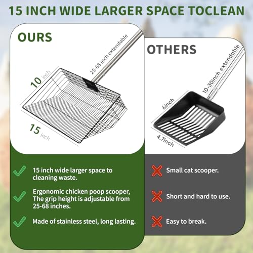 Image of 15inch Large Chicken Poop Scooper, 24 to 68'' Coop Scoop with Stainless Steel Handle, Sand Sifter Shovel, 4 in 1 Multifunctional Heavy Duty Chicken Coop Shovel, Large Litter Scooper
