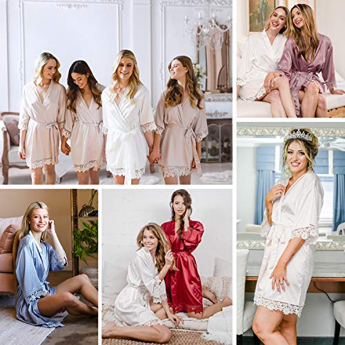 Sioro Women's Satin Robe Lace Kimono Silk Bathrobes Short For Bridesmaid Bride Wedding Party Nightgown, Taupe, Medium #TOP4