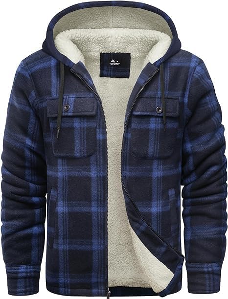 ZITY Men's Flannel Hooded Jacket Fleece Sherpa Lined Plaid Shirts Jackets Zip Up Sweatshirt Hoodies for Men with 4 Pockets XX-Large Navy