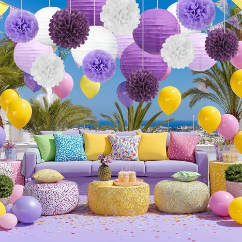 Image of 18 PCS Purple White Paper Lanterns & Tissue Paper Pom Poms for Women Birthday, Baby Shower, Wedding, Bridal Shower, Hanging Paper Decor for Graduation Theme Party Supplies