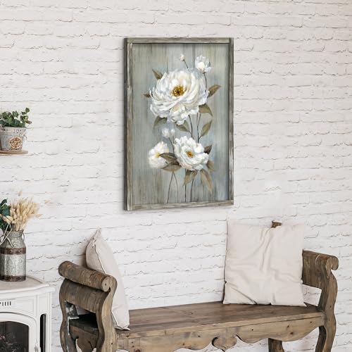 Modern Floral Framed Wall Art: Rustic White Flower Oil Painting Abstract Botanical Picture Vintage Blossom Wood Prints Artwork for Living Room Bedroom Farmhouse - Image 5