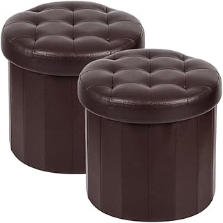 Bsketa® Ottoman with Storage， Foot Rest Stool with Thicker Foam Padded Seat Leather Small Round 14“ x 14” x 13 "Inchs Storage Ottoman Bench for Living Room Foldable Pouf Coffee Table 2 Pack，Brown