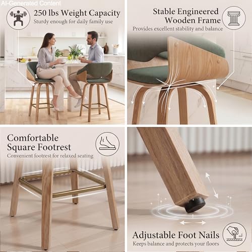 Image of HNY 26'' Modern Barrel Swivel Counter Stools Counter Height Swivel Bar Stools with Backs Set of 6, Green Linen Bar Height stools, Square Footrest, Farmhouse Solid Wood Barstools for Kitchen Island