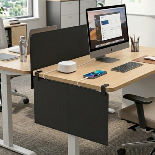 Image of Under Desk Privacy Panel and Cable Management, 24 inch Felt Modesty Panel Kit | No Drill Felt Desk Skirt, Preathable Pesh Cord Organizer, 2-in-1 Design, Hides Cables & Power Strips, Clamp-on Mount